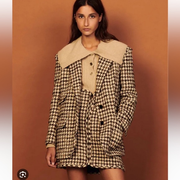 Sandro Esther Houndstooth Jacket H21gena Skirt maroon brown beige tweed suit set - Picture 1 of 12